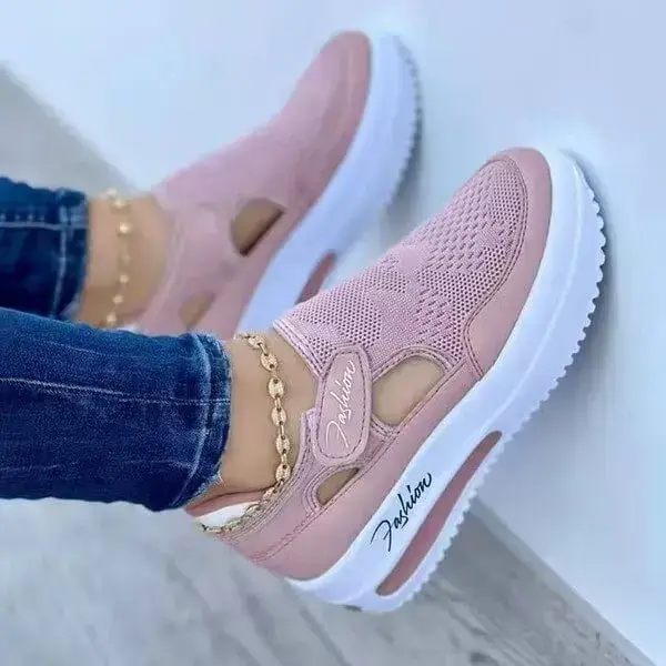 Womens Wedge Mesh Sneakers | Fly-Woven Velcro Breathable Low-Top Shoes in Black, Blue, Pink, Red