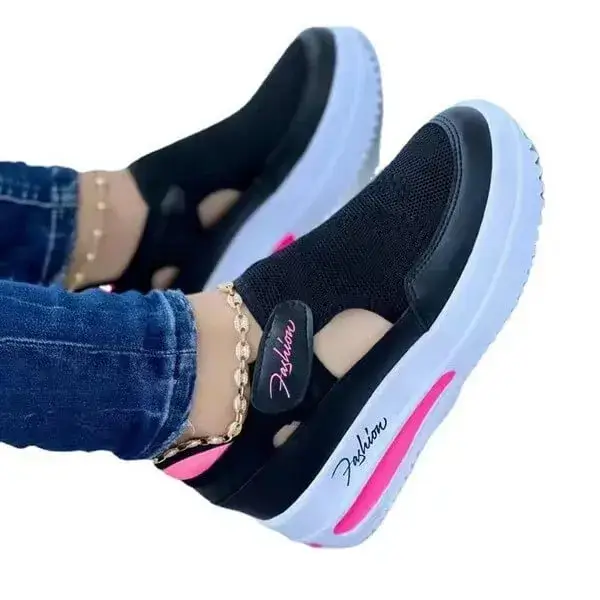 Womens Wedge Mesh Sneakers | Fly-Woven Velcro Breathable Low-Top Shoes in Black, Blue, Pink, Red